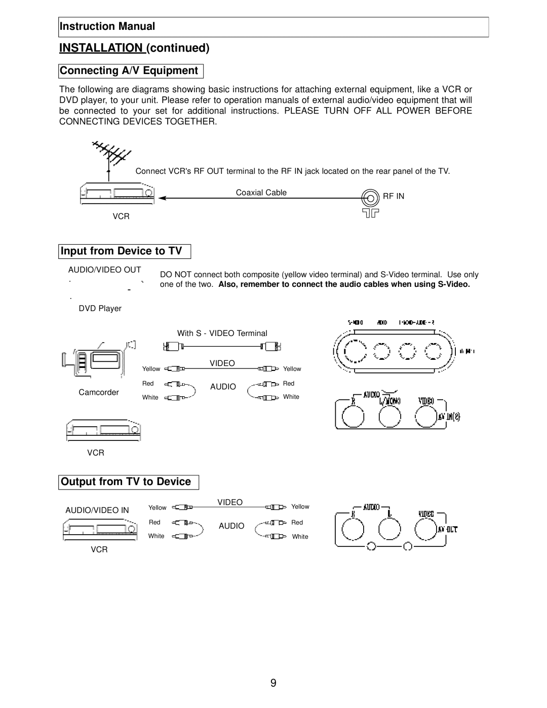 Polaroid TBX-2000AF Installation, Connecting A/V Equipment, Input from Device to TV, Output from TV to Device 