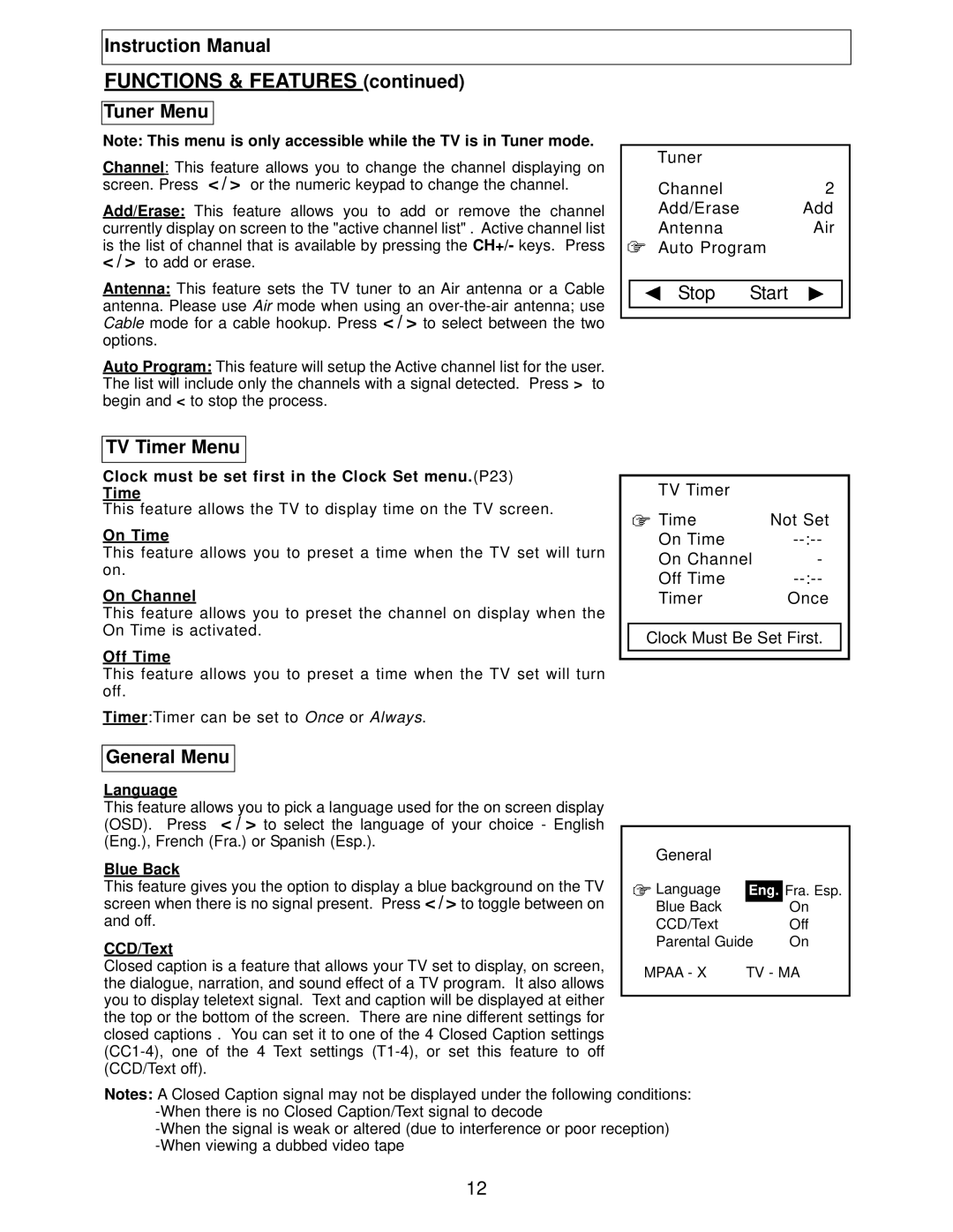 Polaroid TBX-2000AF instruction manual Functions & Features, Tuner Menu, TV Timer Menu, General Menu 