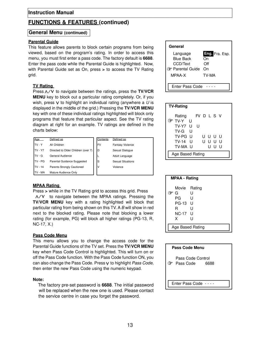 Polaroid TBX-2000AF instruction manual Parental Guide, TV Rating, General, TV-Rating, Mpaa Rating, Pass Code Menu 