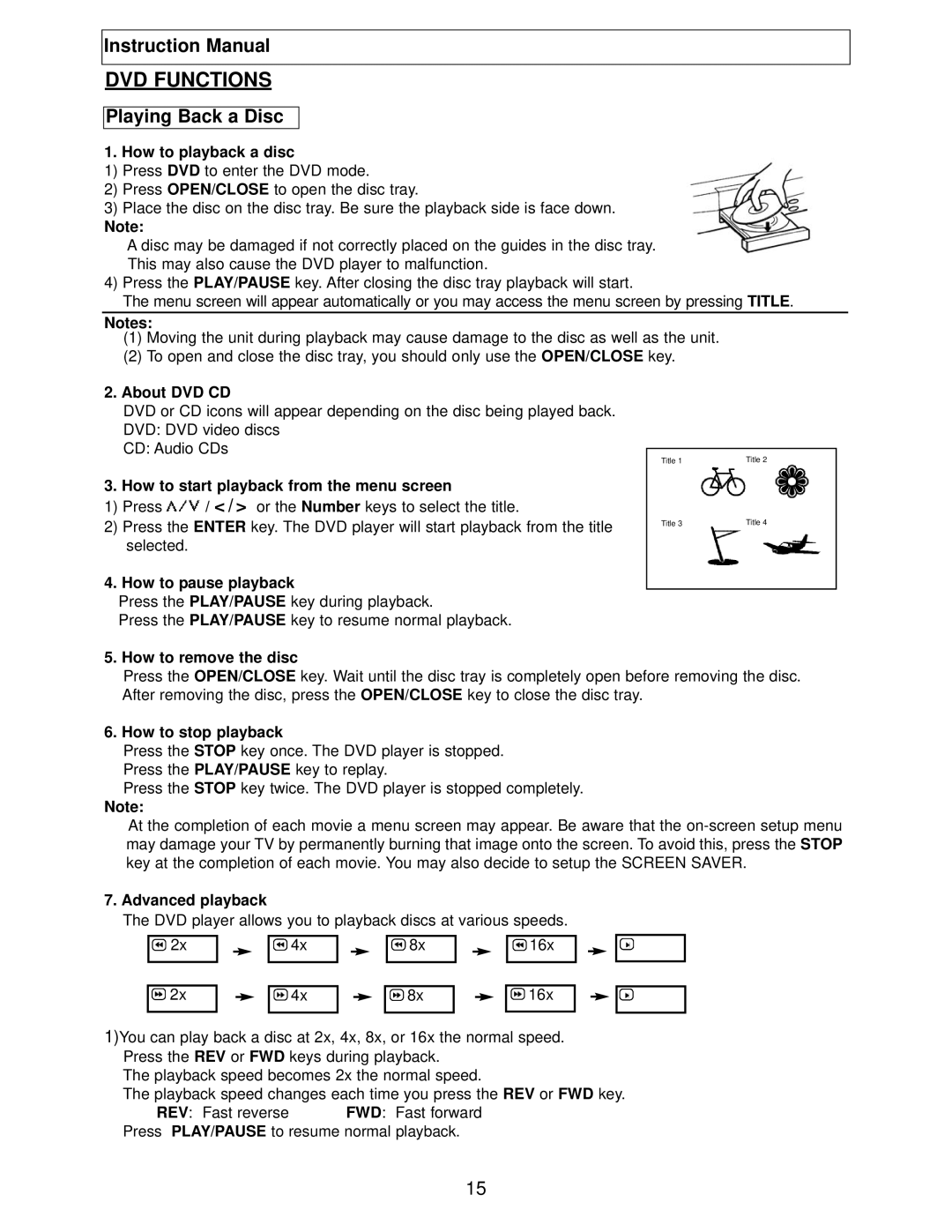 Polaroid TBX-2000AF instruction manual DVD Functions, Playing Back a Disc 