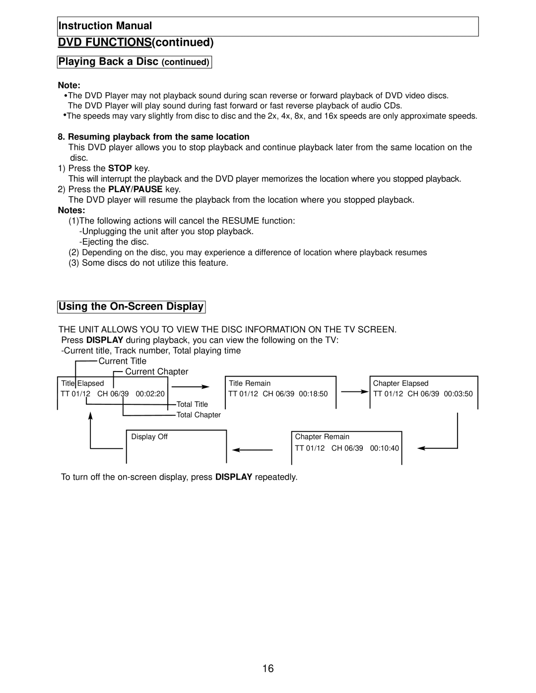 Polaroid TBX-2000AF instruction manual DVD Functions, Using the On-Screen Display, Resuming playback from the same location 