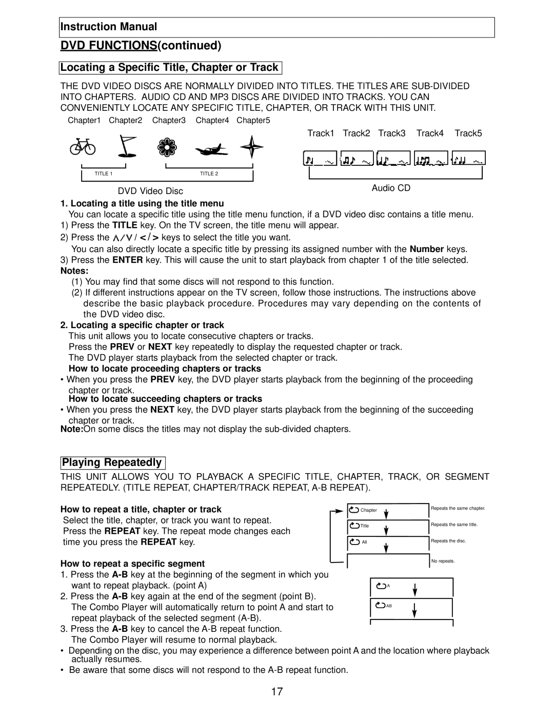 Polaroid TBX-2000AF instruction manual Locating a Specific Title, Chapter or Track, Playing Repeatedly 