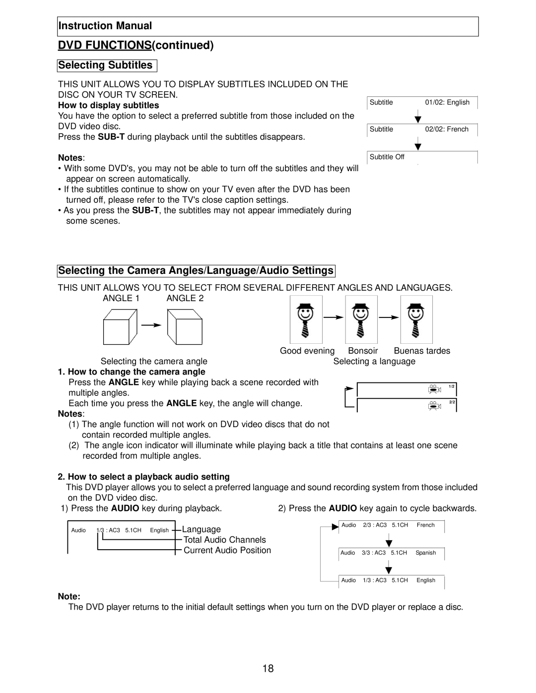 Polaroid TBX-2000AF Selecting Subtitles, Selecting the Camera Angles/Language/Audio Settings, How to display subtitles 