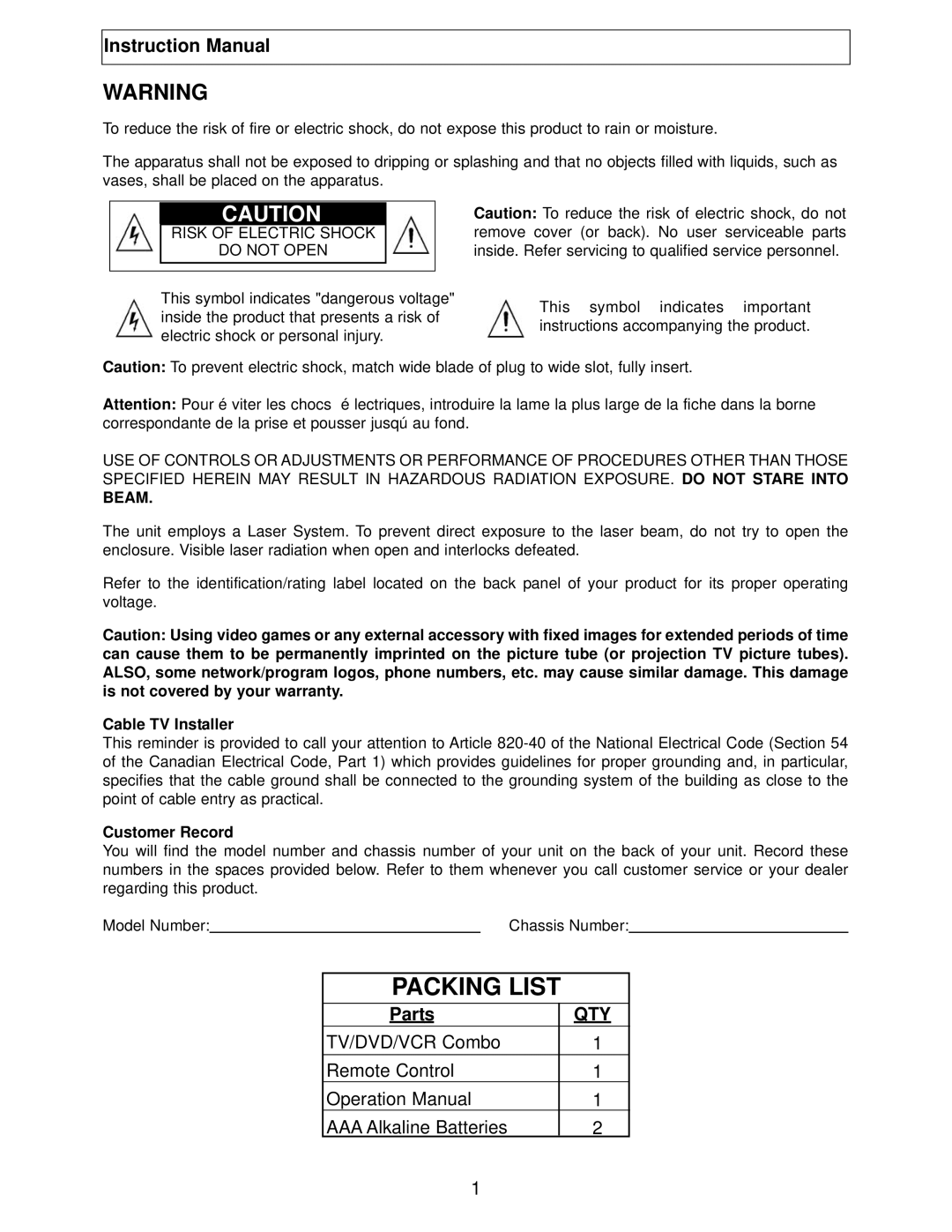 Polaroid TBX-2000AF instruction manual Parts, Cable TV Installer, Customer Record 