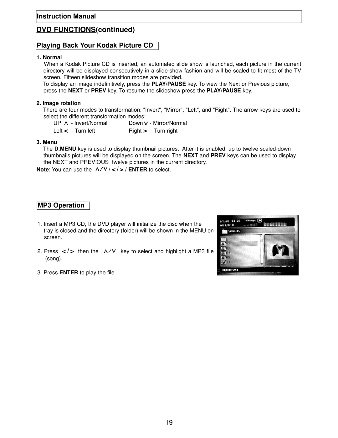 Polaroid TBX-2000AF instruction manual Playing Back Your Kodak Picture CD, MP3 Operation, Normal, Image rotation, Menu 