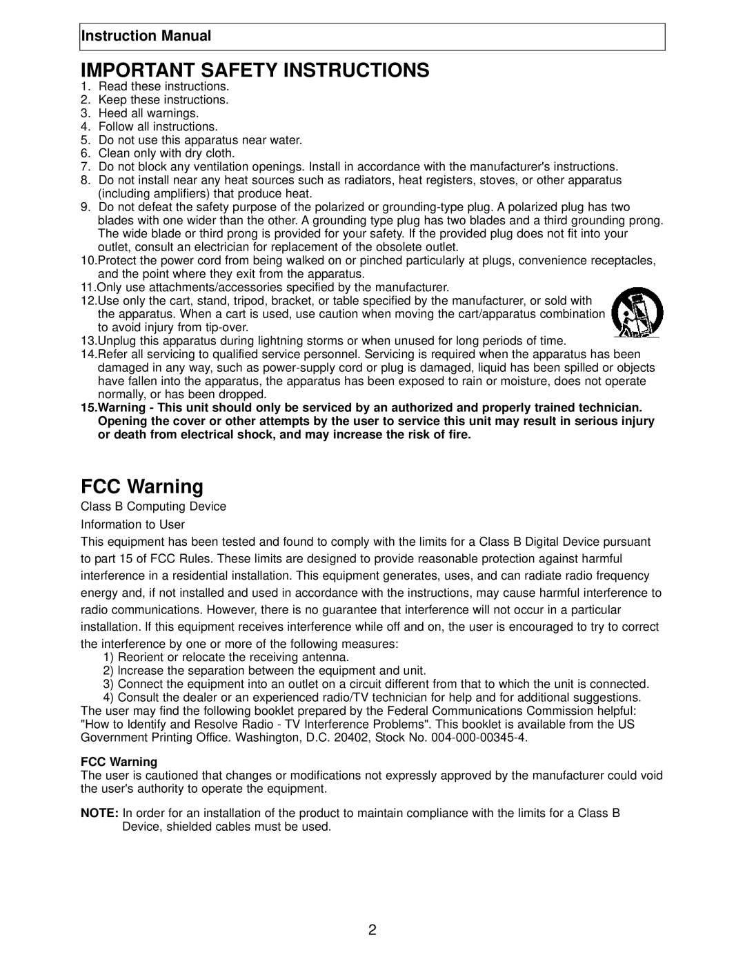 Polaroid TBX-2000AF instruction manual Important Safety Instructions, FCC Warning 