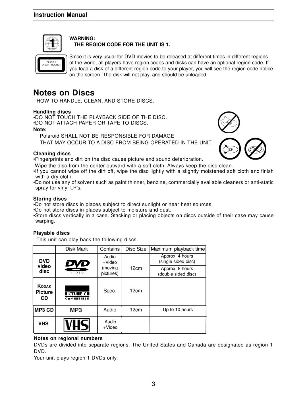 Polaroid TBX-2000AF instruction manual Handling discs, Cleaning discs, Storing discs, Playable discs, Video, Disc, Picture 