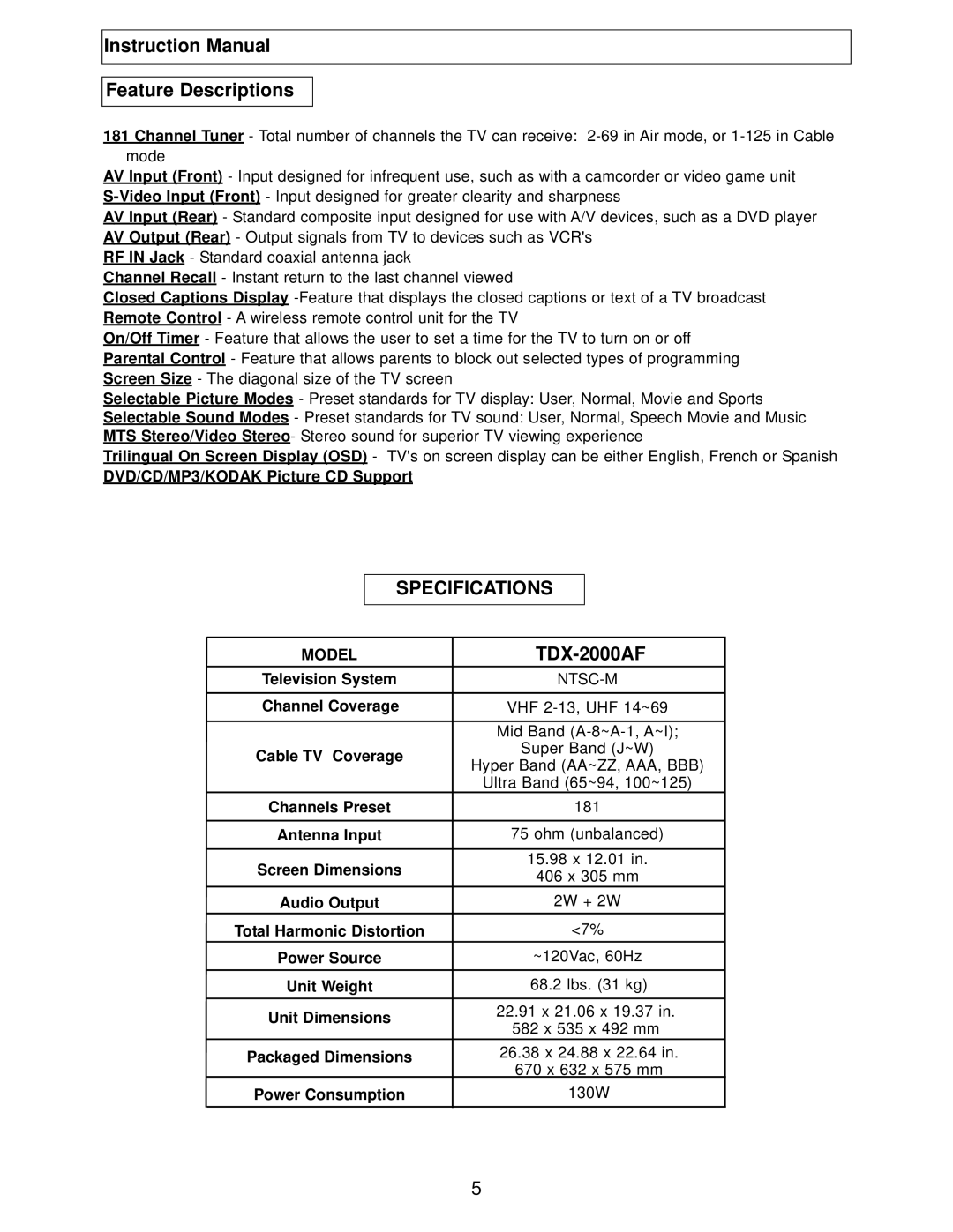 Polaroid TBX-2000AF instruction manual Feature Descriptions, TDX-2000AF 