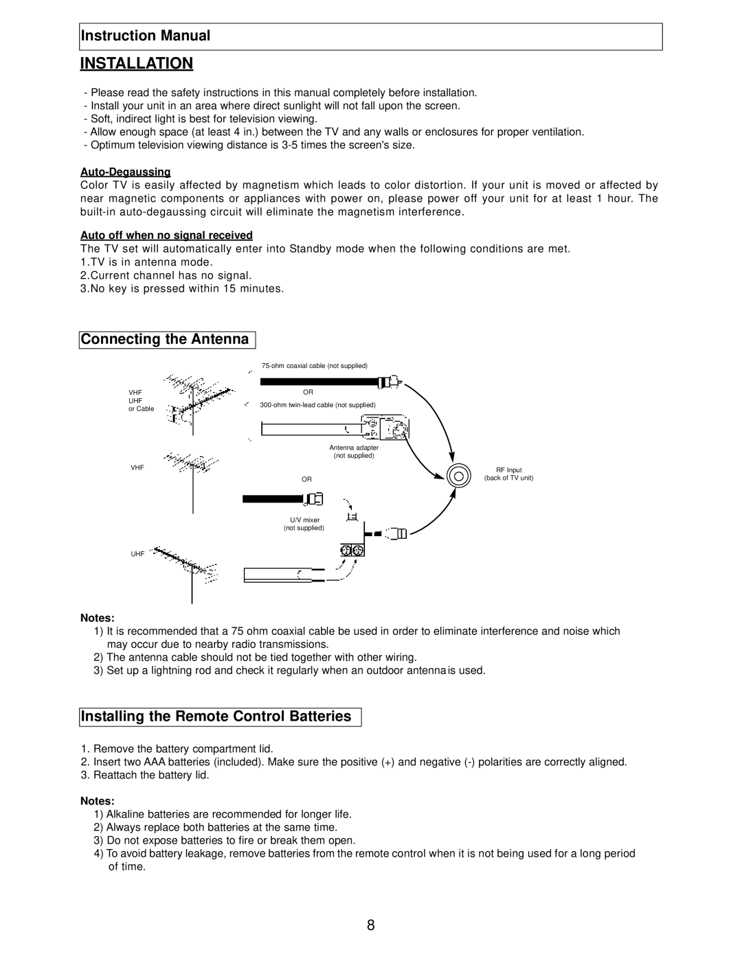 Polaroid TBX-2000AF instruction manual Installation, Connecting the Antenna, Installing the Remote Control Batteries 