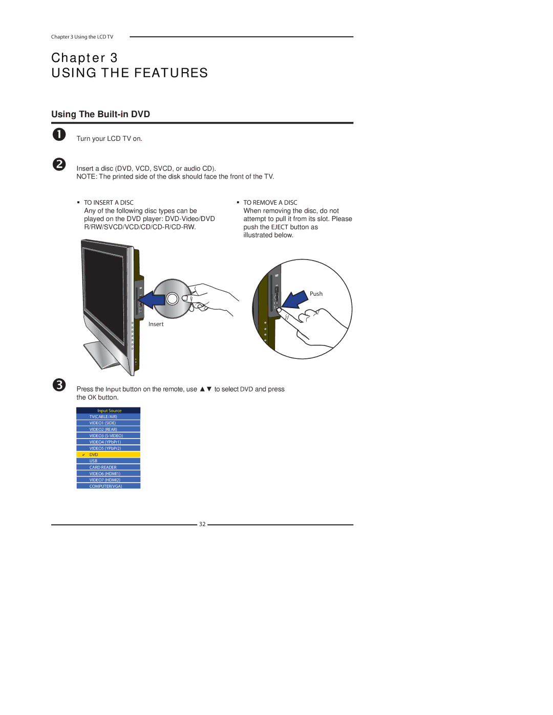 Polaroid TDA-03211C manual Using The Built-in DVD, To Insert a Disc, To Remove a Disc 