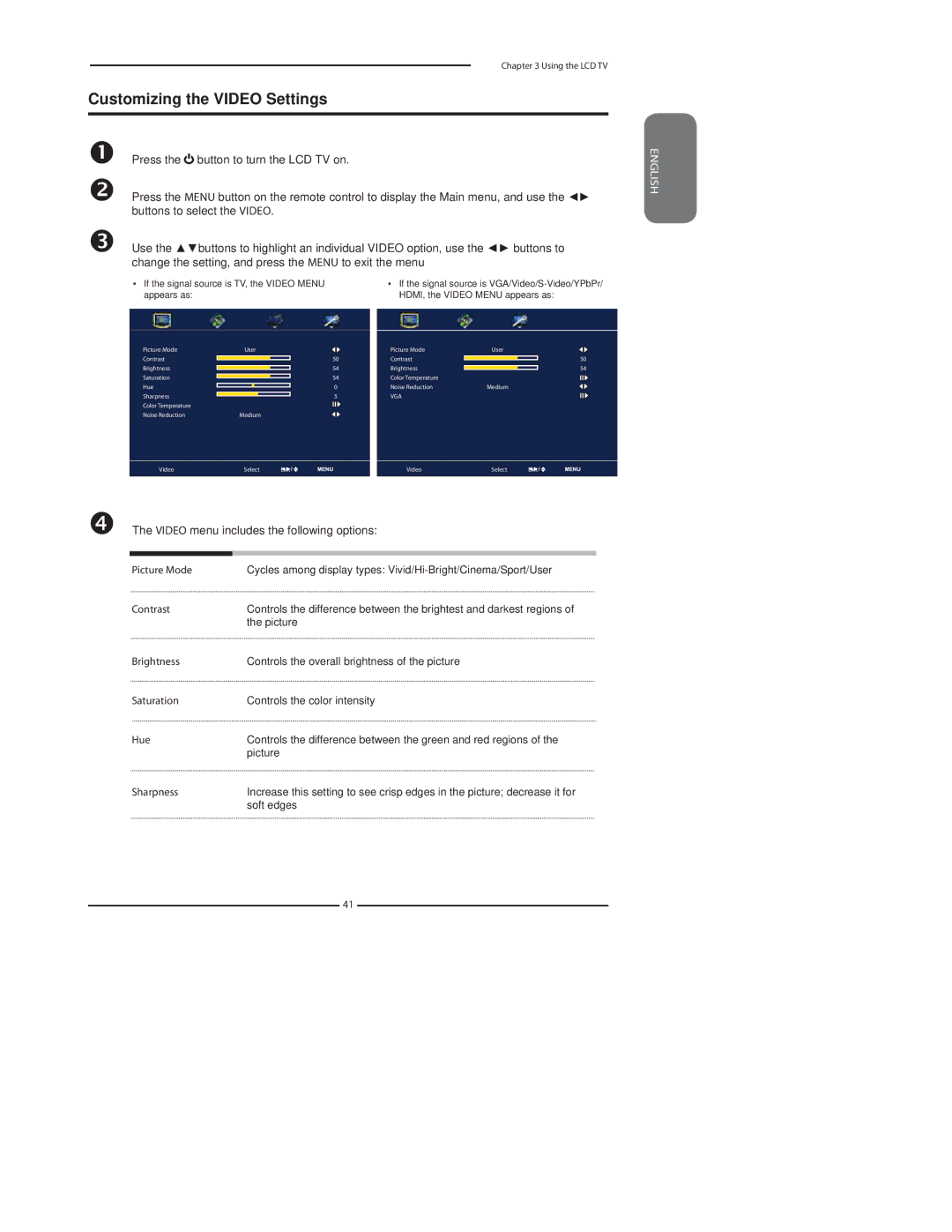 Polaroid TDA-03211C manual Customizing the Video Settings, Video menu includes the following options 