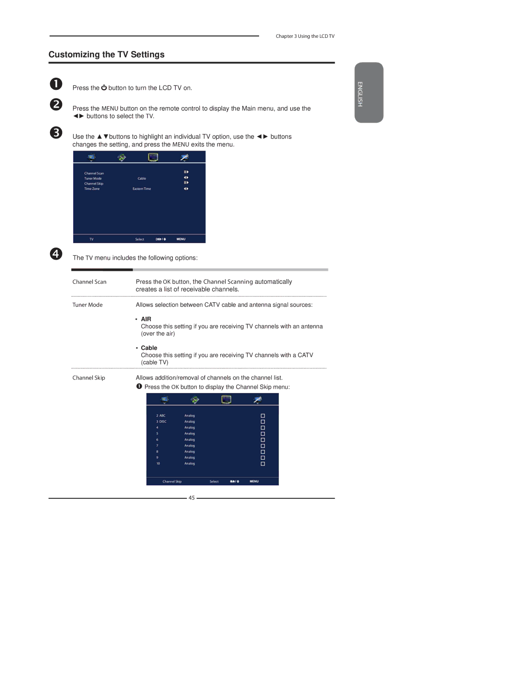 Polaroid TDA-03211C manual Customizing the TV Settings, TV menu includes the following options 