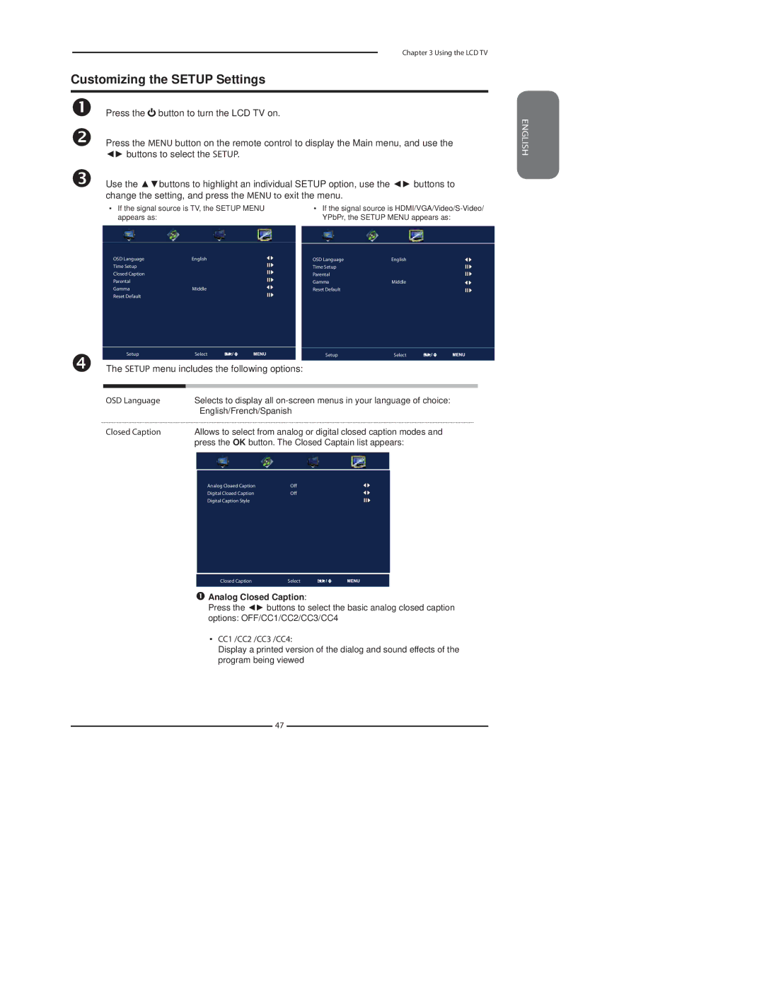 Polaroid TDA-03211C manual Customizing the Setup Settings, Setup menu includes the following options 