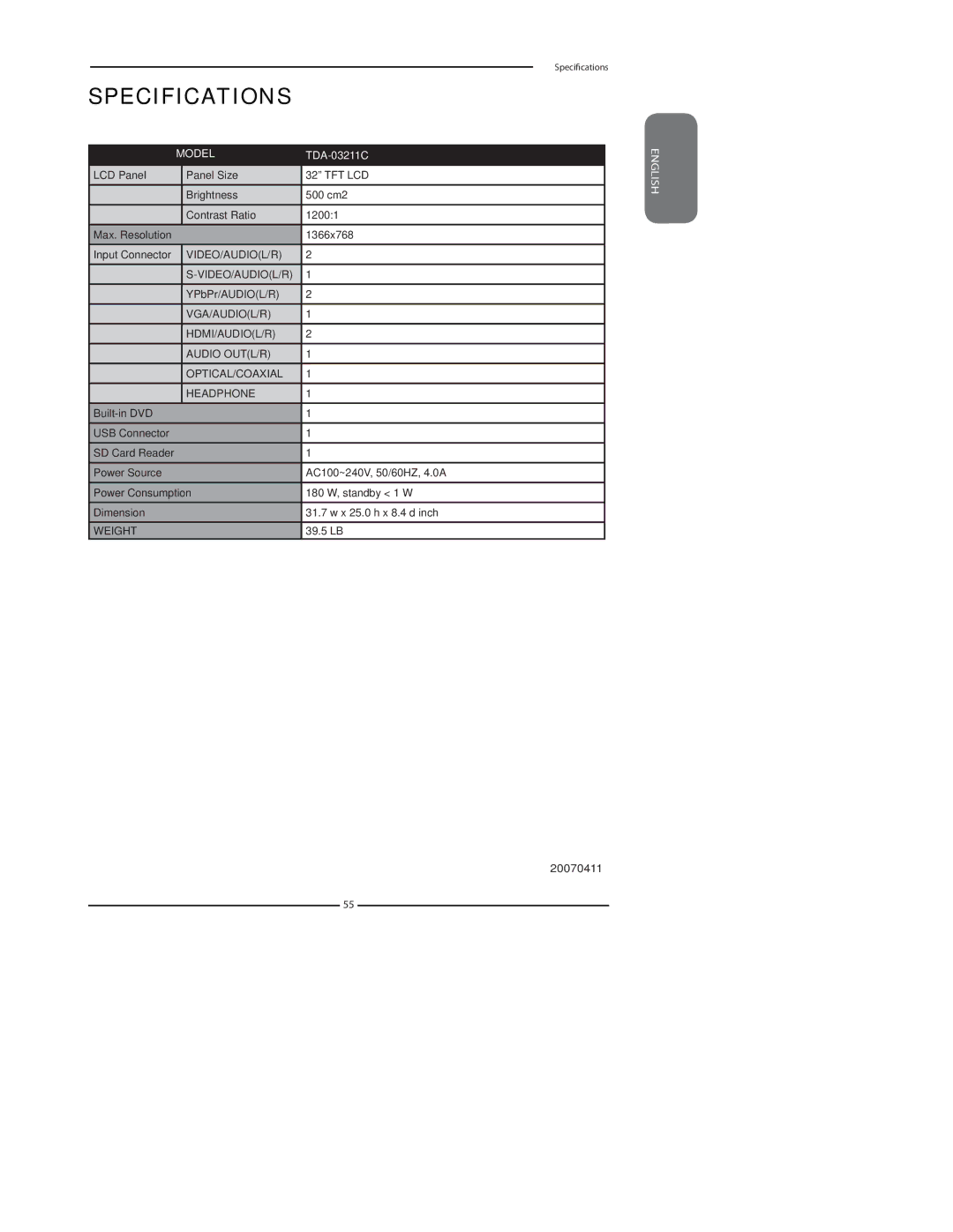 Polaroid TDA-03211C manual Tft Lcd, Video/Audiol/R, Weight 