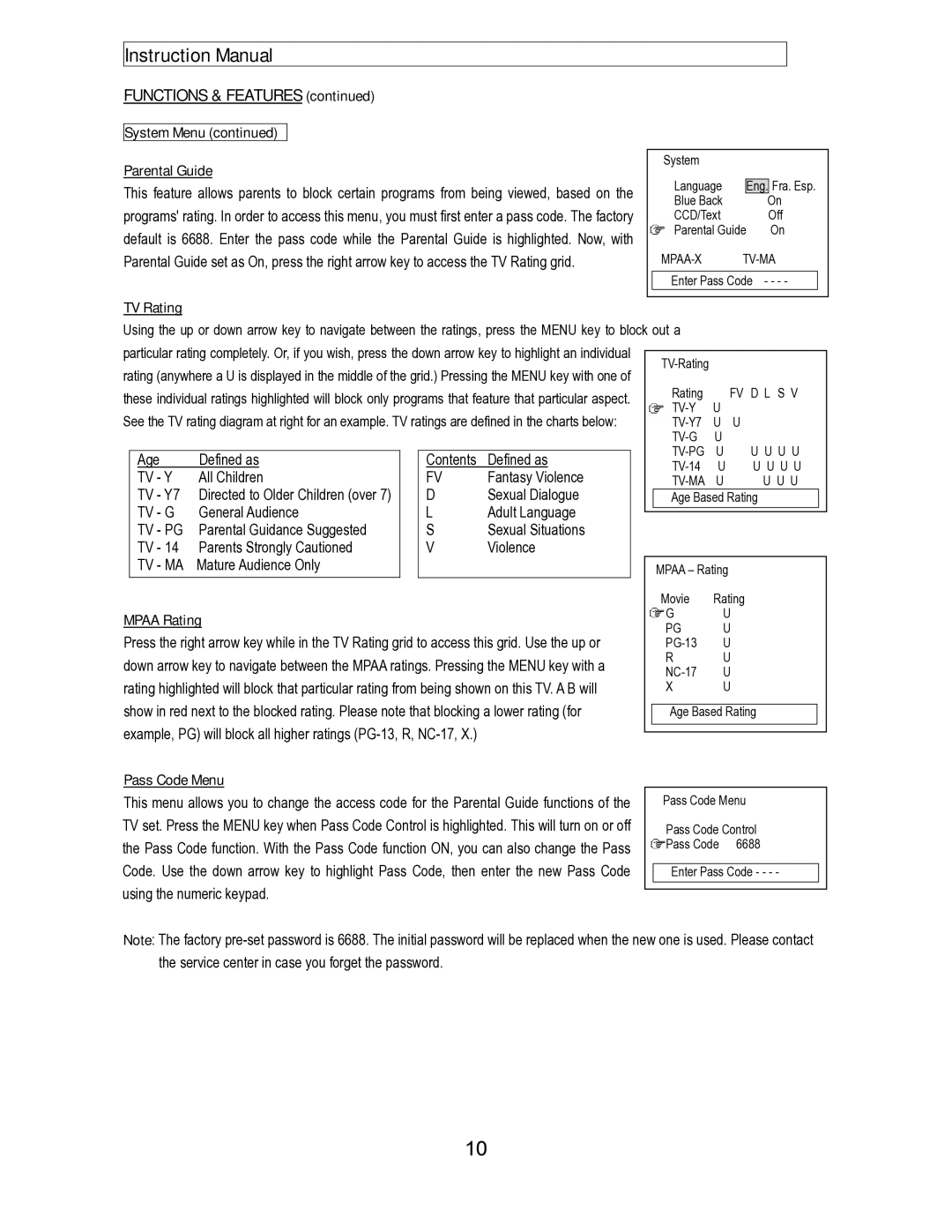 Polaroid TDB-3000AR operation manual System Menu Parental Guide, TV Rating, Mpaa Rating, Pass Code Menu 