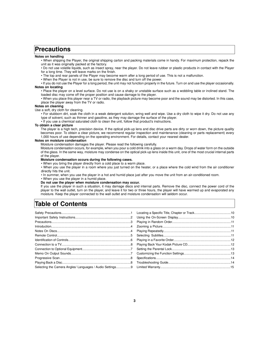 Polaroid TDB-3000AR operation manual Precautions, Table of Contents 