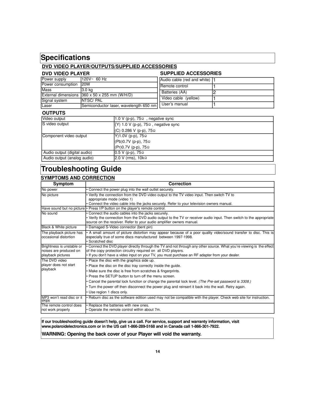 Polaroid TDB-3000AR operation manual Specifications, Troubleshooting Guide, Outputs, Symptoms and Correction 