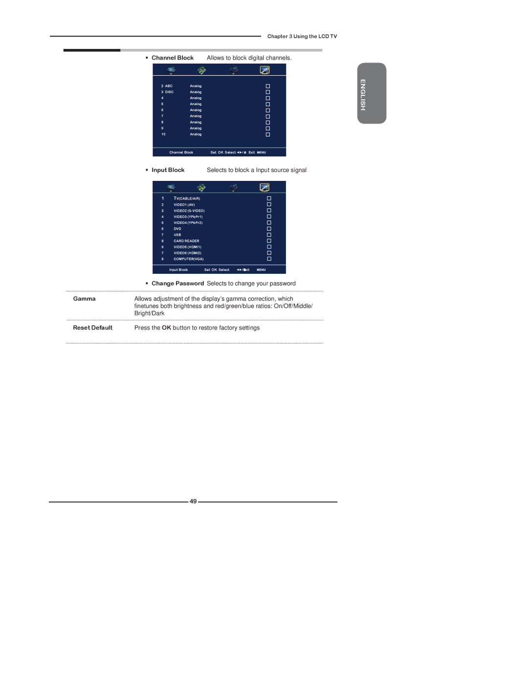 Polaroid TDX-02610B manual Input Block, Gamma, Reset Default 