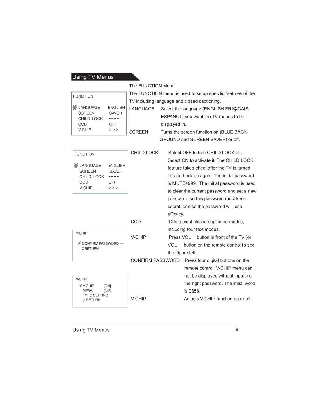 Polaroid TDX-142 manual Espanol you want the TV menus to be, Displayed, Ground and Screen Saver or off, Efficacy 