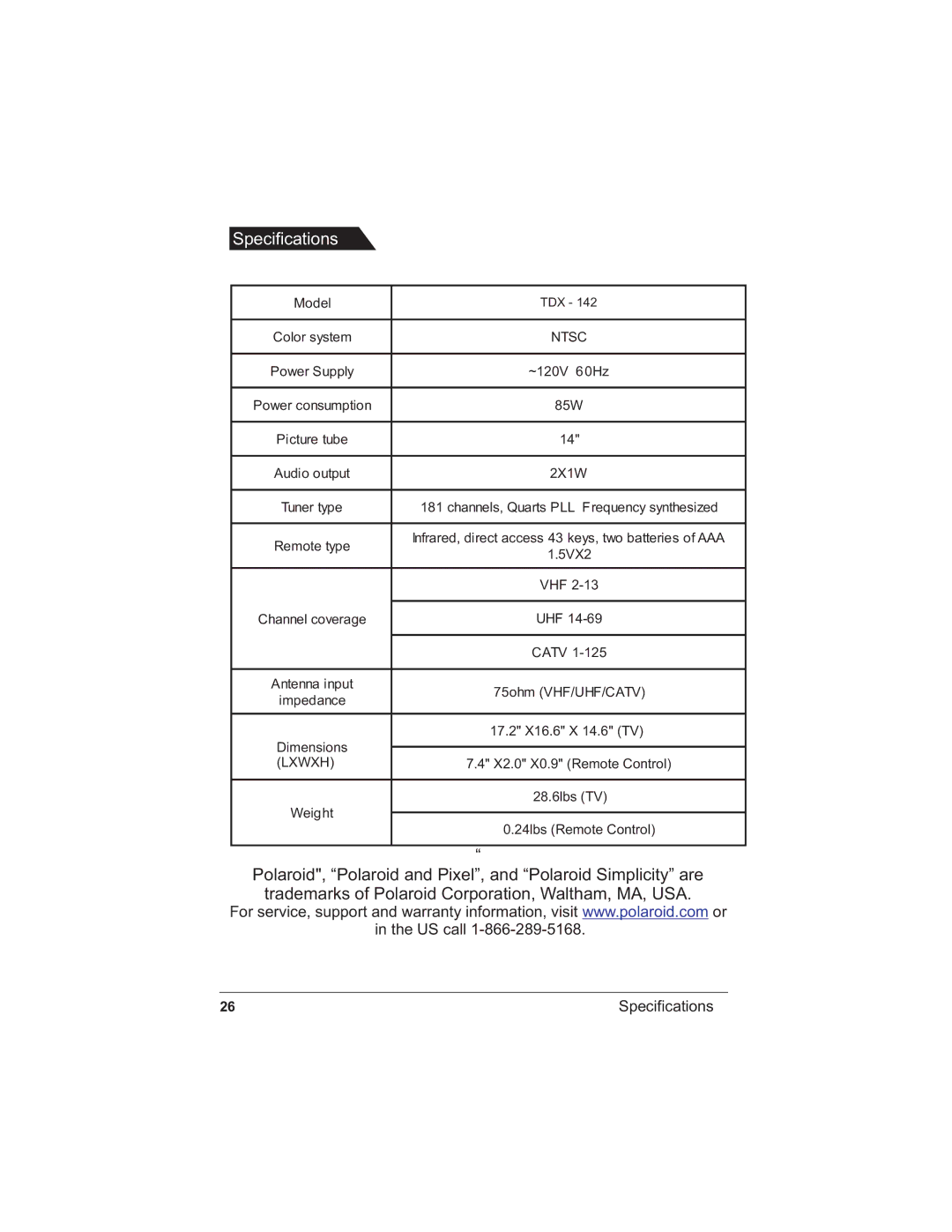 Polaroid TDX-142 manual Specifications 