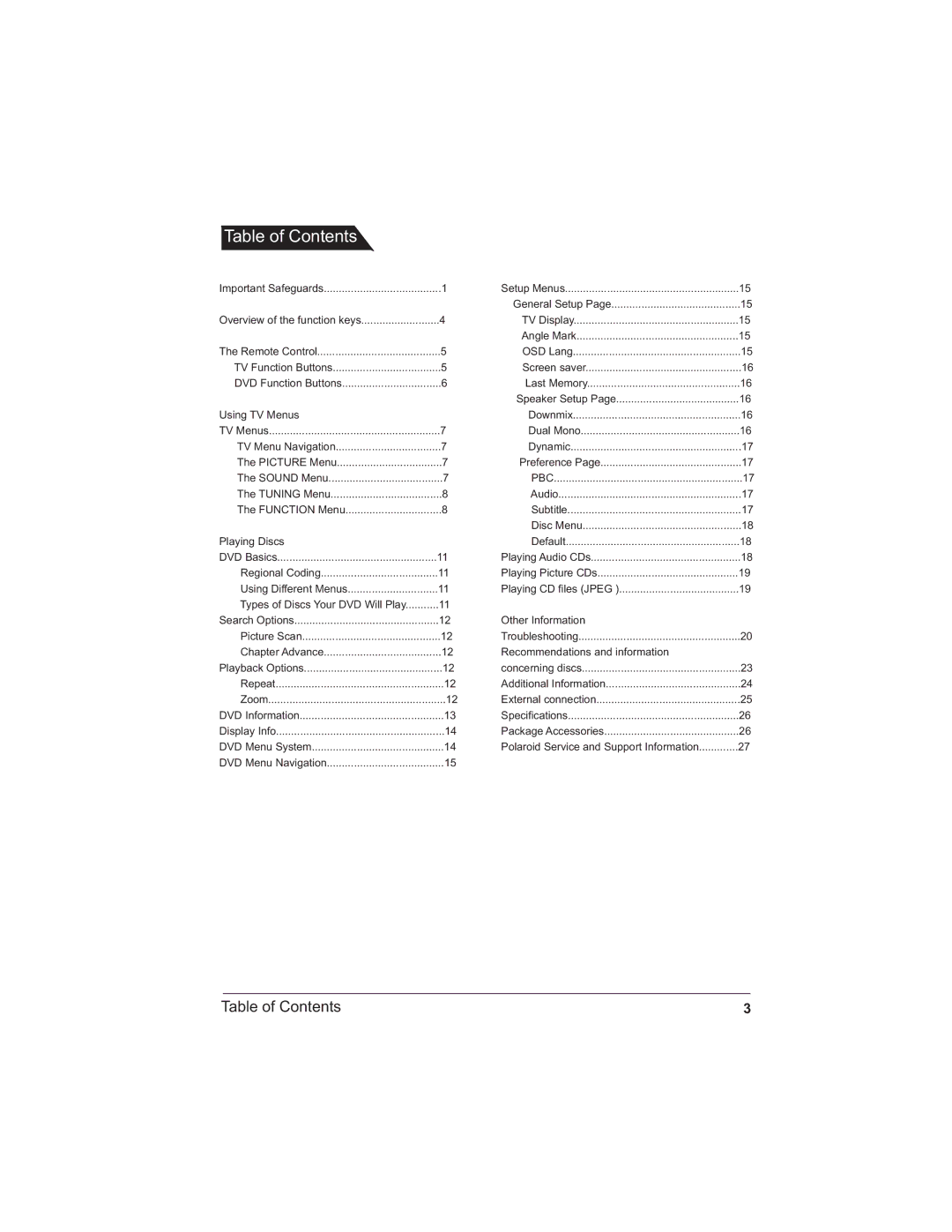 Polaroid TDX-142 manual Table of Contents 