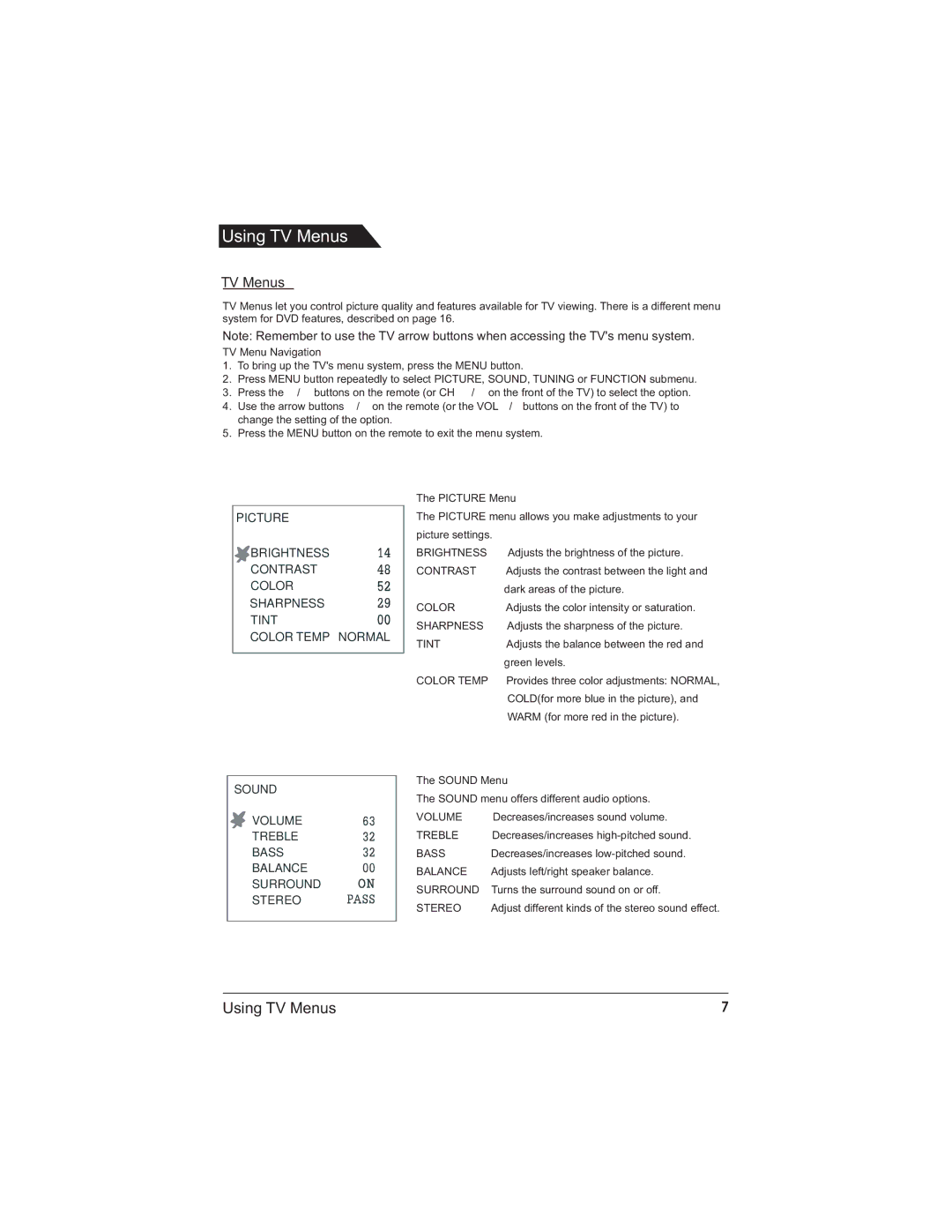 Polaroid TDX-142 manual Using TV Menus 