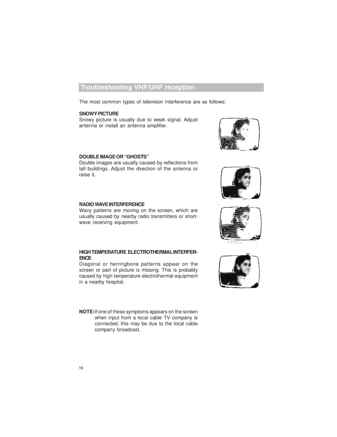 Polaroid TTM-2004 manual Snowy Picture, Double Image or Ghosts, Radiowaveinterference 