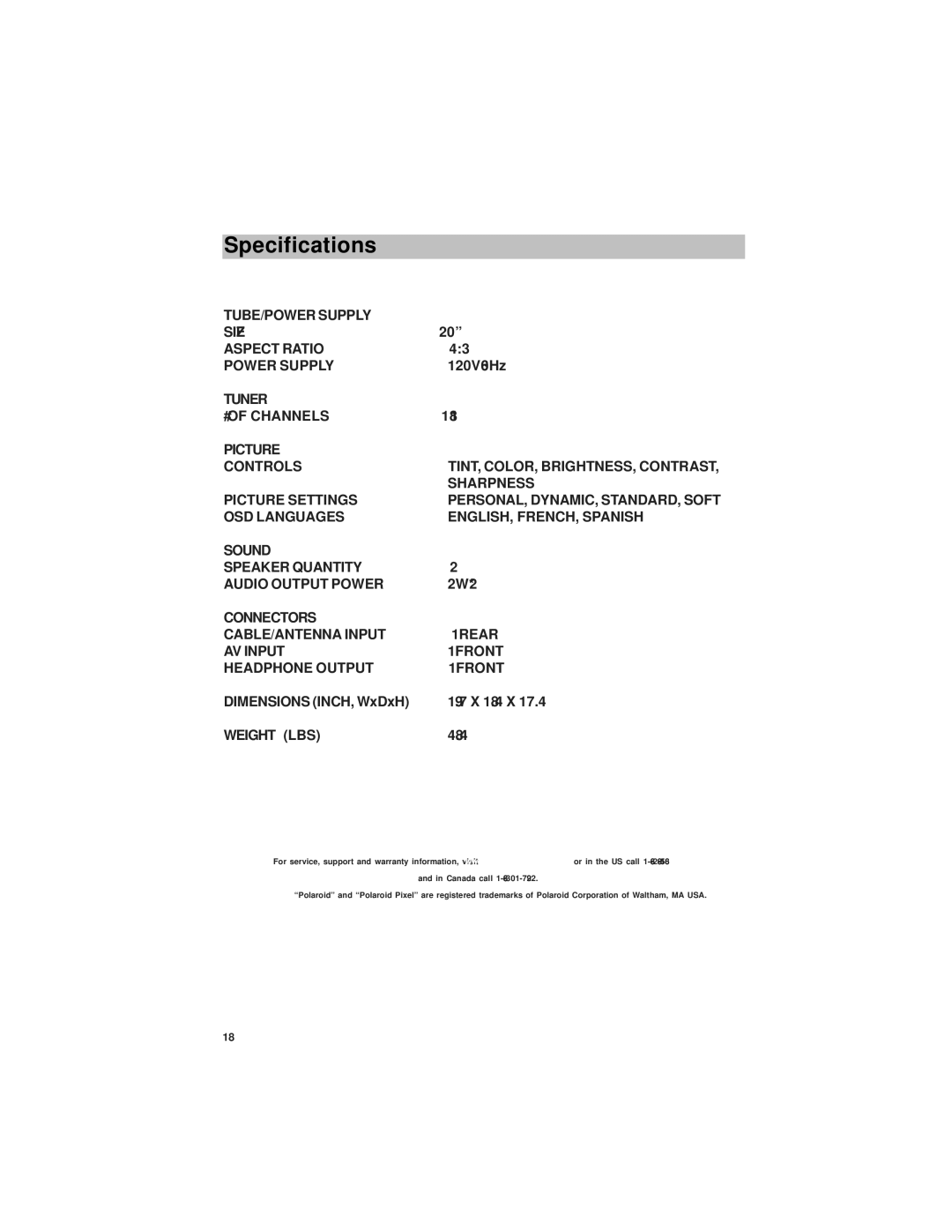 Polaroid TTM-2004 manual Specifications 