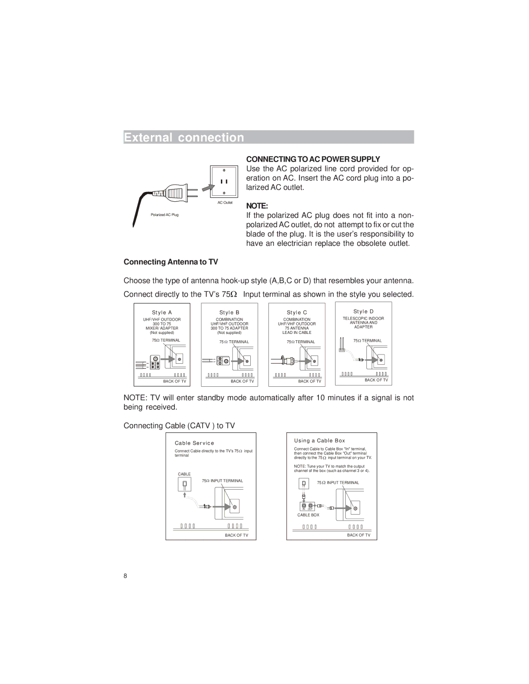 Polaroid TTM-2004 manual External connection, Connecting Antenna to TV, Connecting to AC Power Supply 