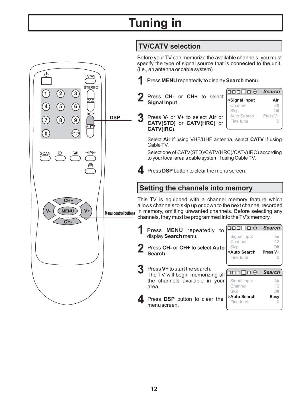 Polaroid TTM-2401 manual Tuning, TV/CATV selection, Setting the channels into memory, Search 