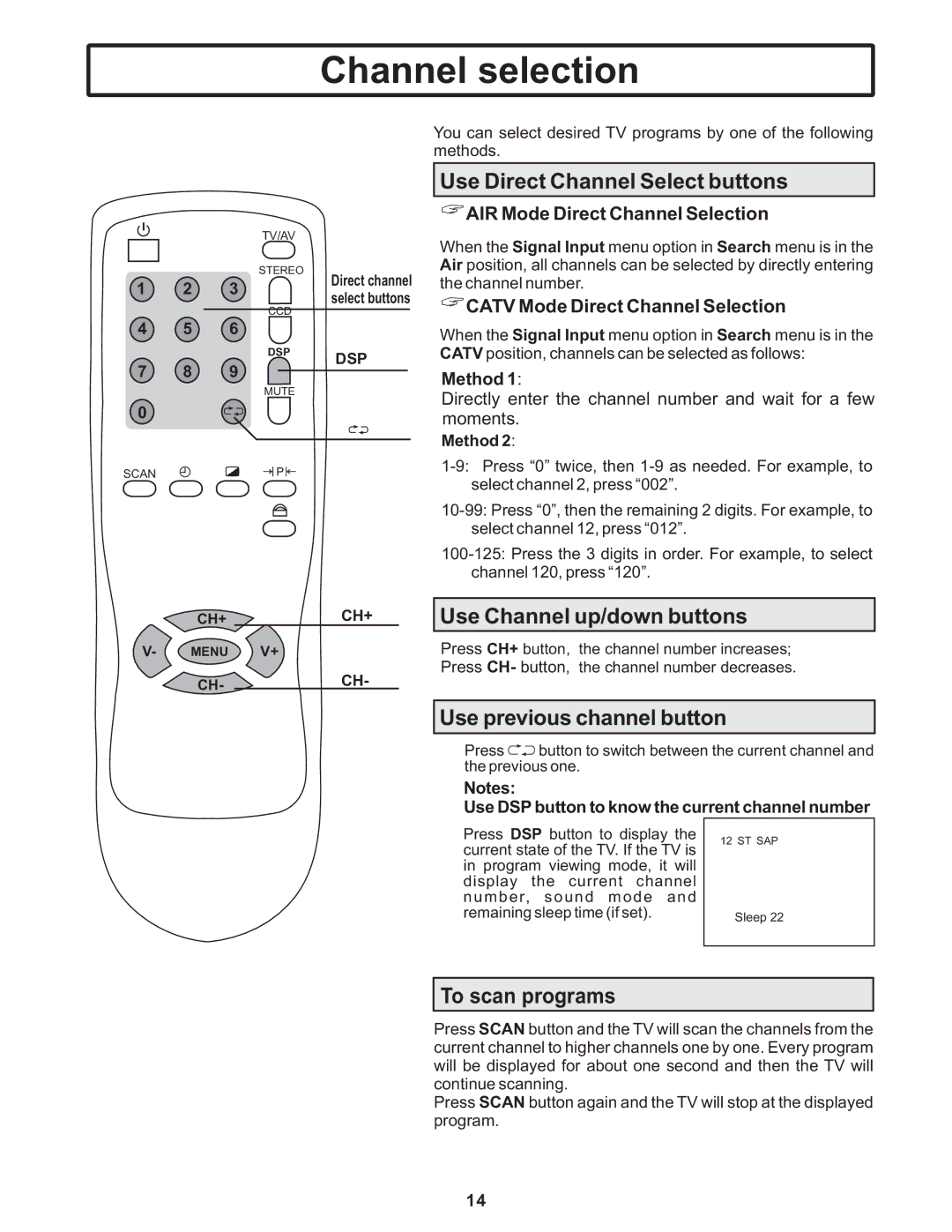 Polaroid TTM-2401 Channel selection, Use Direct Channel Select buttons, Use Channel up/down buttons, To scan programs 