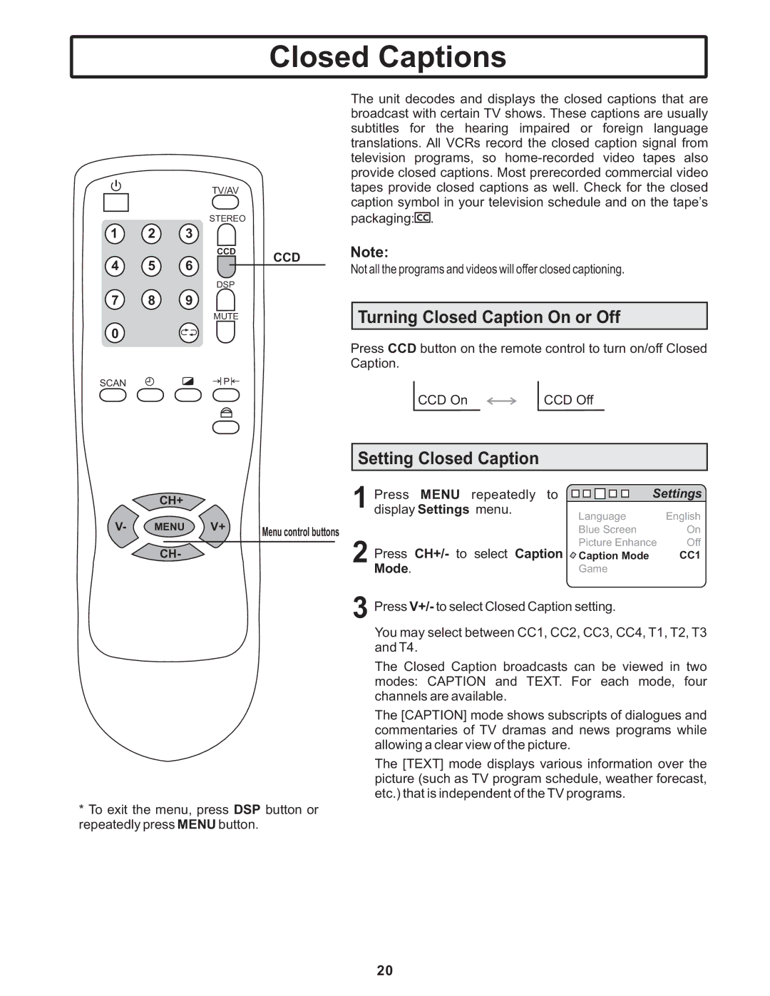 Polaroid TTM-2401 manual Closed Captions, Turning Closed Caption On or Off, Setting Closed Caption, CCD Note, Mode 