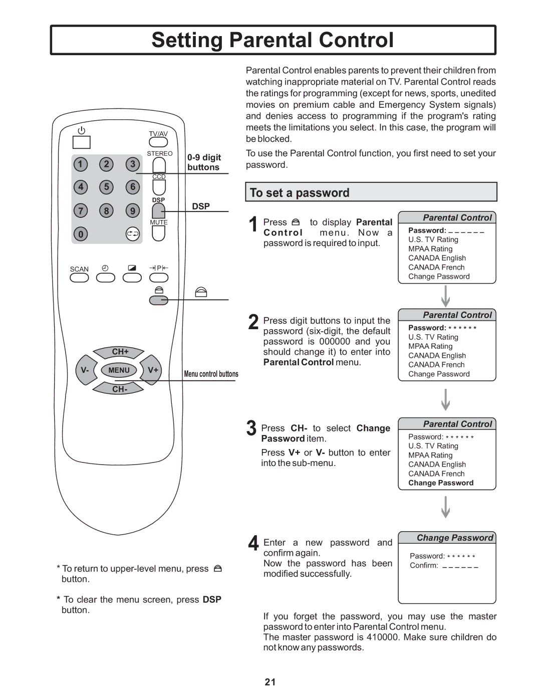 Polaroid TTM-2401 manual Setting Parental Control, To set a password 