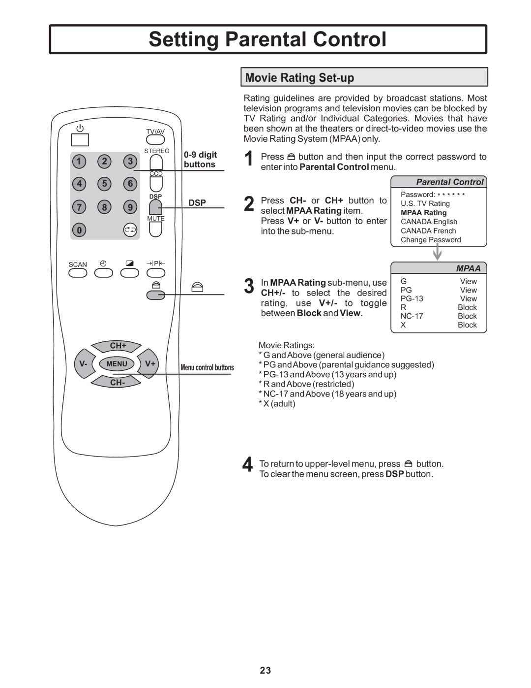 Polaroid TTM-2401 manual Movie Rating Set-up, Ch+ 