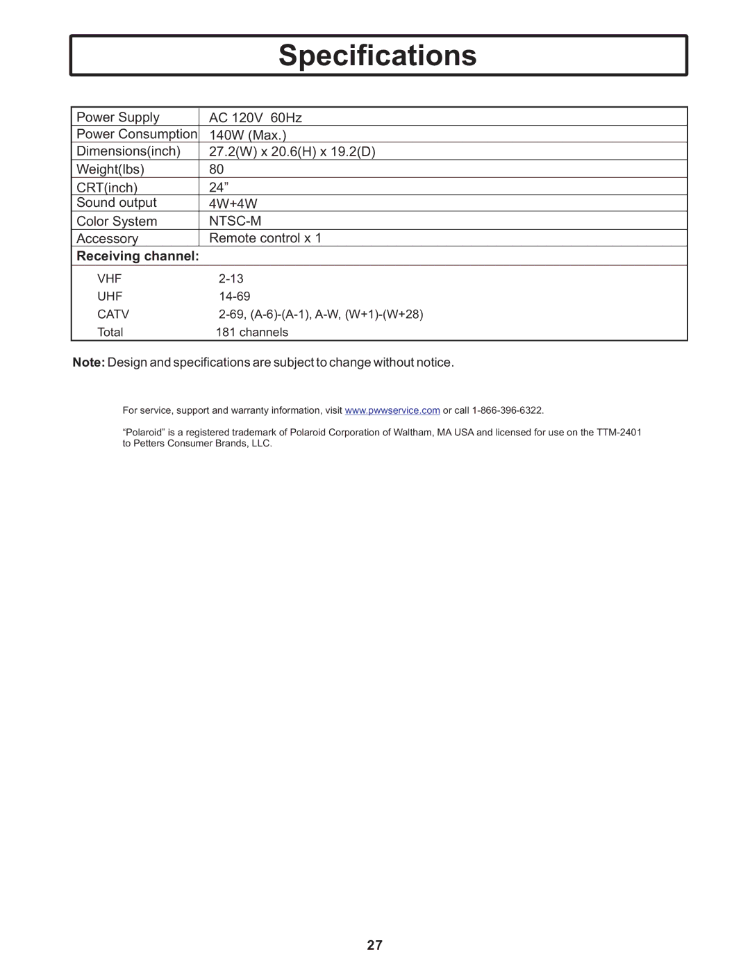 Polaroid TTM-2401 manual Specifications, Receiving channel 