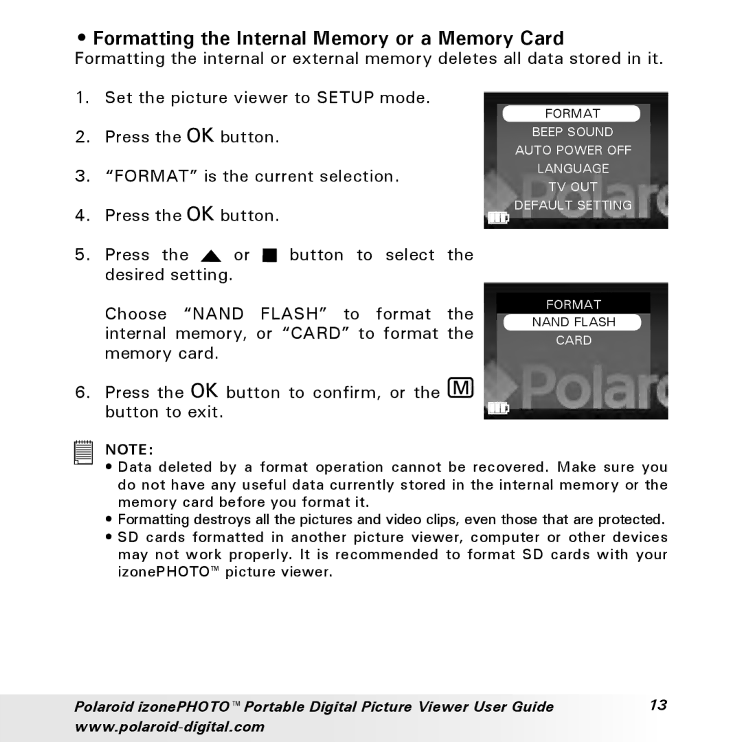 Polaroid User Guide manual Formatting the Internal Memory or a Memory Card 