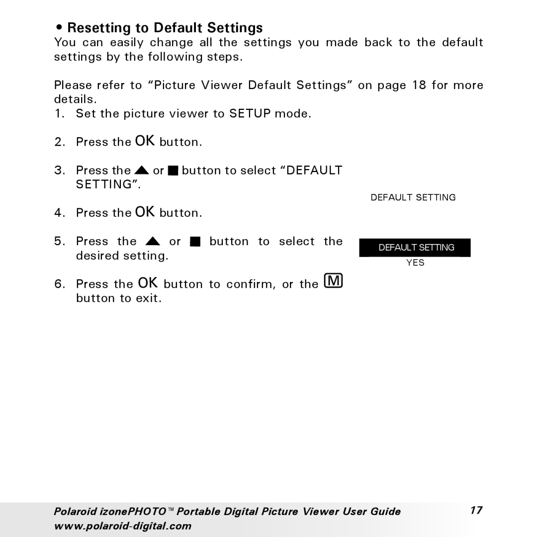 Polaroid User Guide manual Resetting to Default Settings 