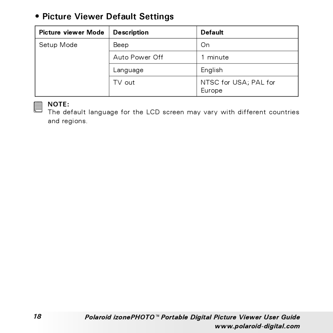 Polaroid User Guide manual Picture Viewer Default Settings, Picture viewer Mode Description Default 