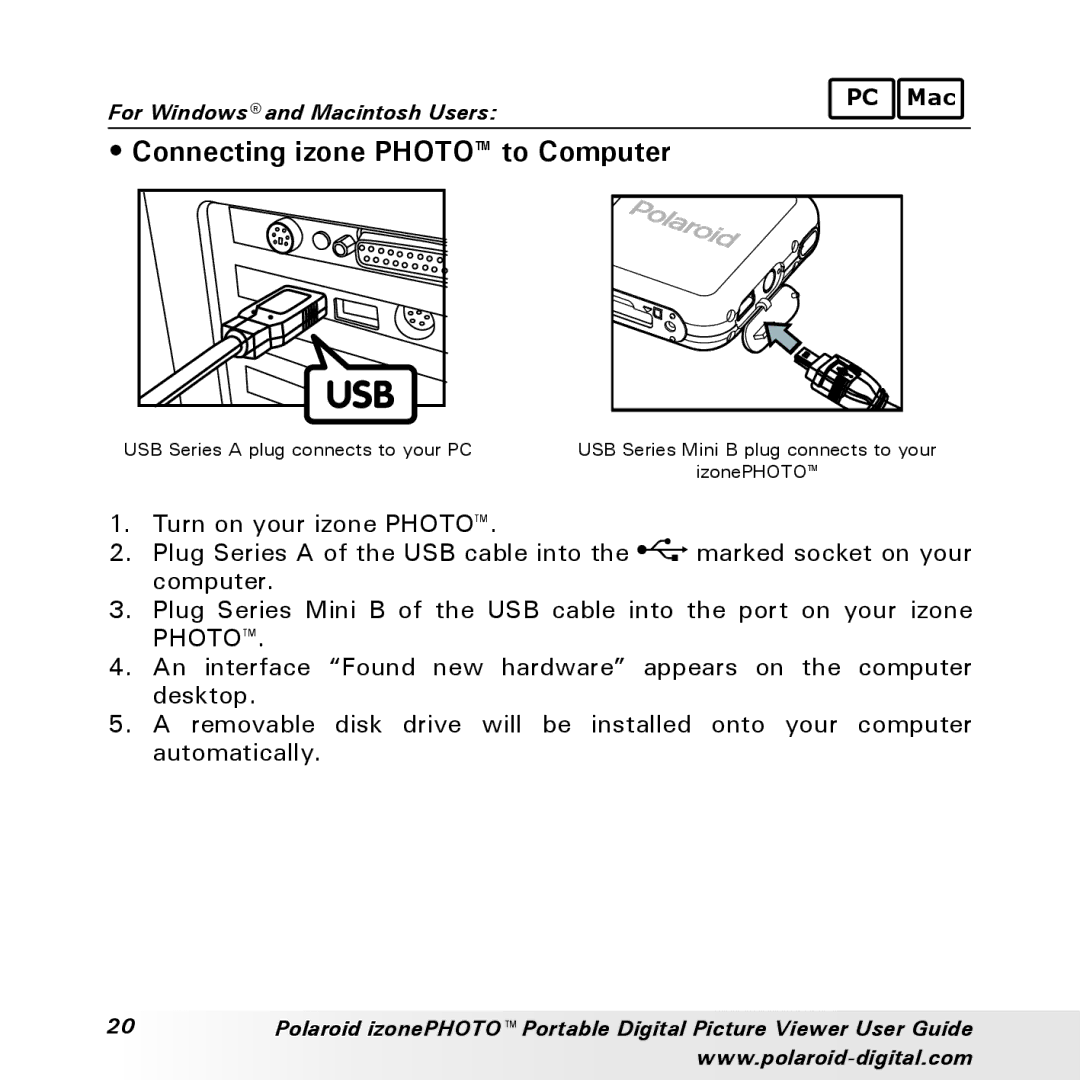 Polaroid User Guide manual Connecting izone Photo to Computer 