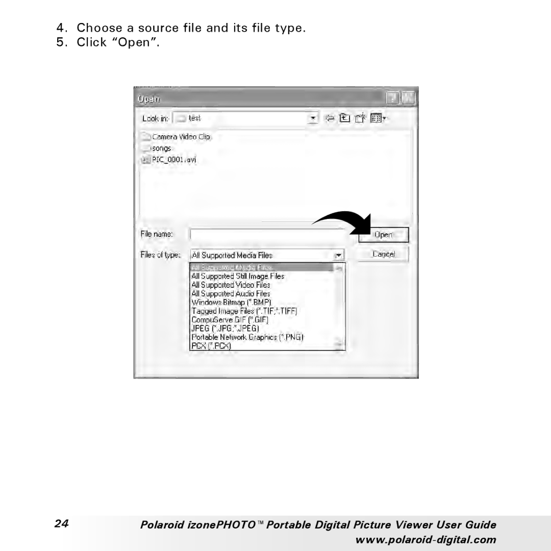 Polaroid User Guide manual Choose a source file and its file type Click Open 