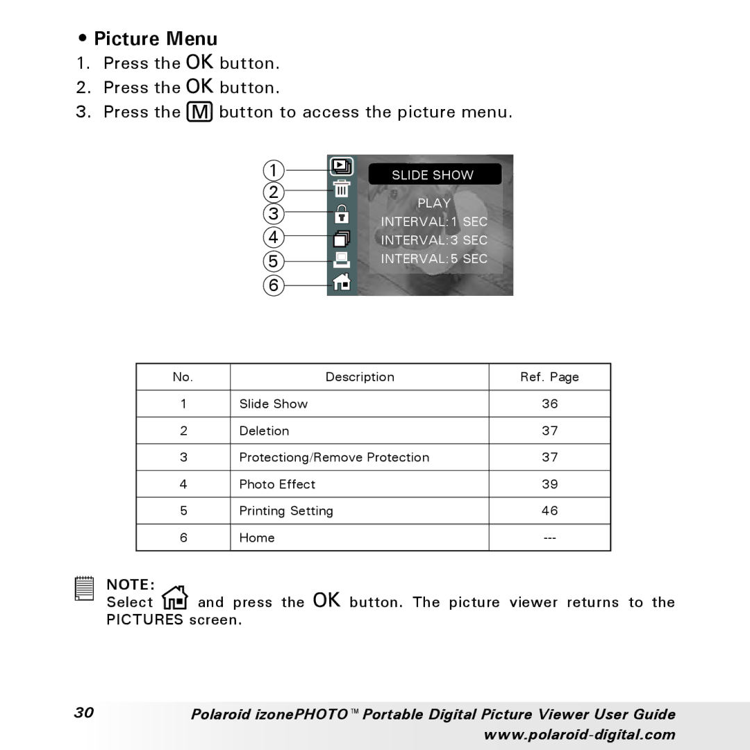 Polaroid User Guide manual Picture Menu 