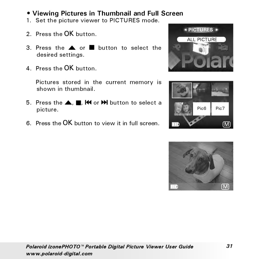 Polaroid User Guide manual Viewing Pictures in Thumbnail and Full Screen 