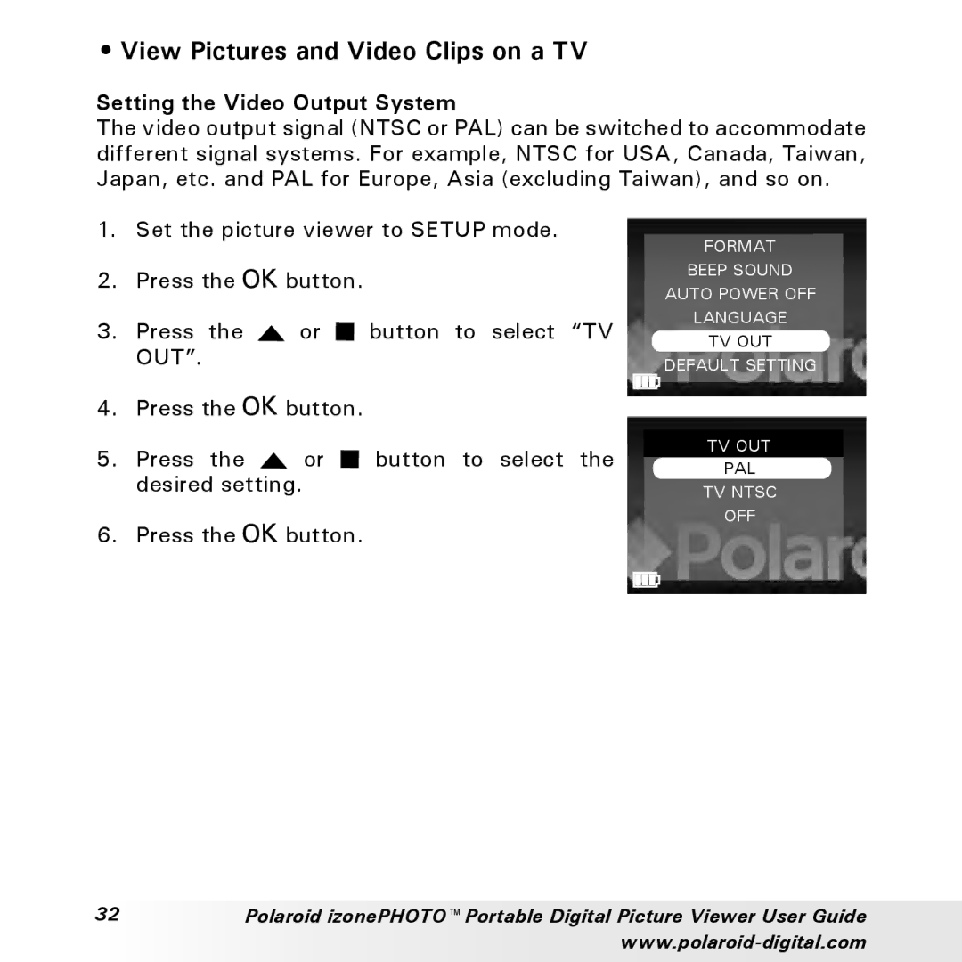 Polaroid User Guide manual View Pictures and Video Clips on a TV, Setting the Video Output System 