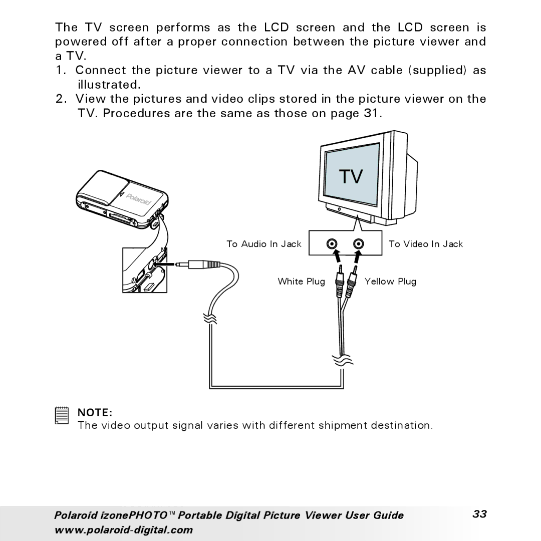 Polaroid User Guide manual To Audio In Jack To Video In Jack White Plug Yellow Plug 