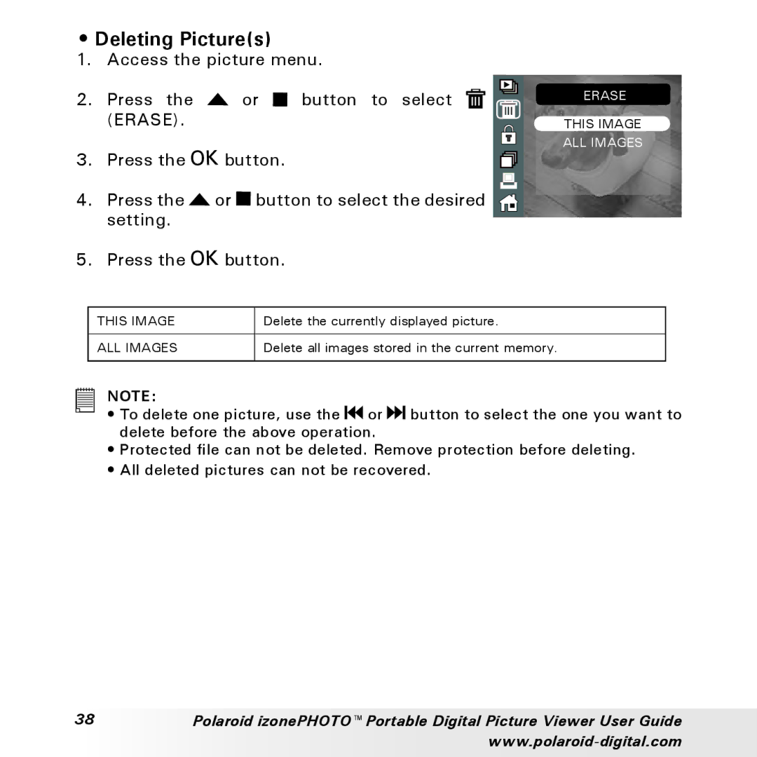 Polaroid User Guide manual Deleting Pictures 