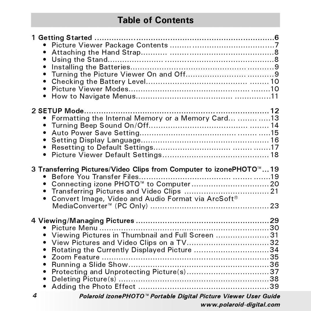 Polaroid User Guide manual Table of Contents 