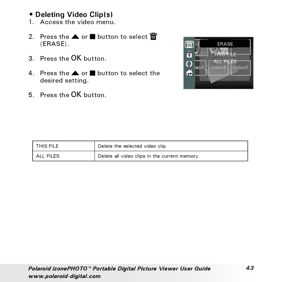 Polaroid User Guide manual Deleting Video Clips, Erase This File ALL Files 