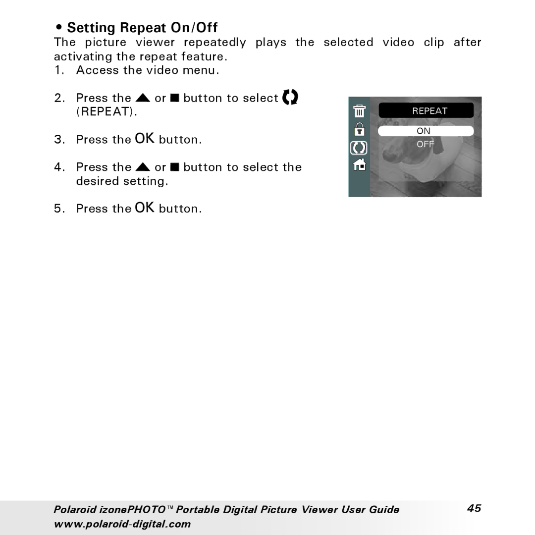 Polaroid User Guide manual Setting Repeat On/Off 