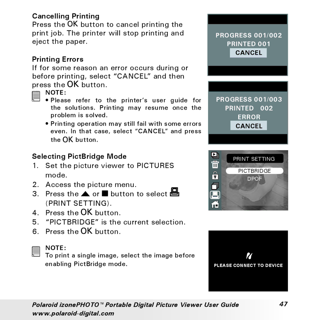 Polaroid User Guide manual Cancelling Printing, Printing Errors, Selecting PictBridge Mode 