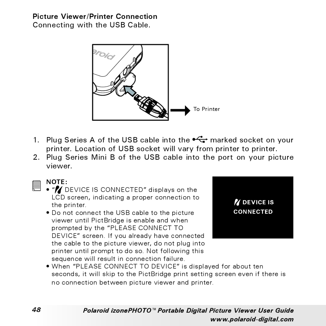 Polaroid User Guide manual Picture Viewer/Printer Connection 